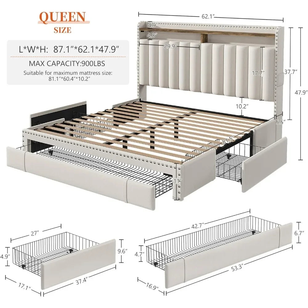 Cadre de lit Queen Size avec 2 tiroirs, cadre de lit Queen avec rangement, AUCUN bruit, aucun sommier nécessaire, cadre de lit Queen Size