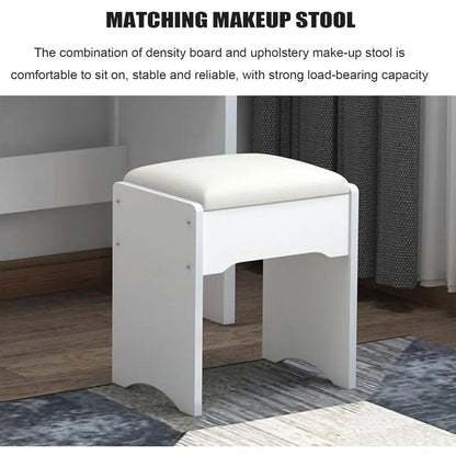 Vanity Desk, Makeup Table with Mirror, Stool, 4 Drawer 3 Shelves Storage Unit, White Vanity Make Up Desk for Bedroom Furniture