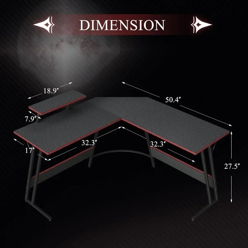 Bureau de jeu en forme de L, table d'angle d'ordinateur de 51 pouces avec grand support d'écran et surface en fibre de carbone pour l'étude au bureau à domicile