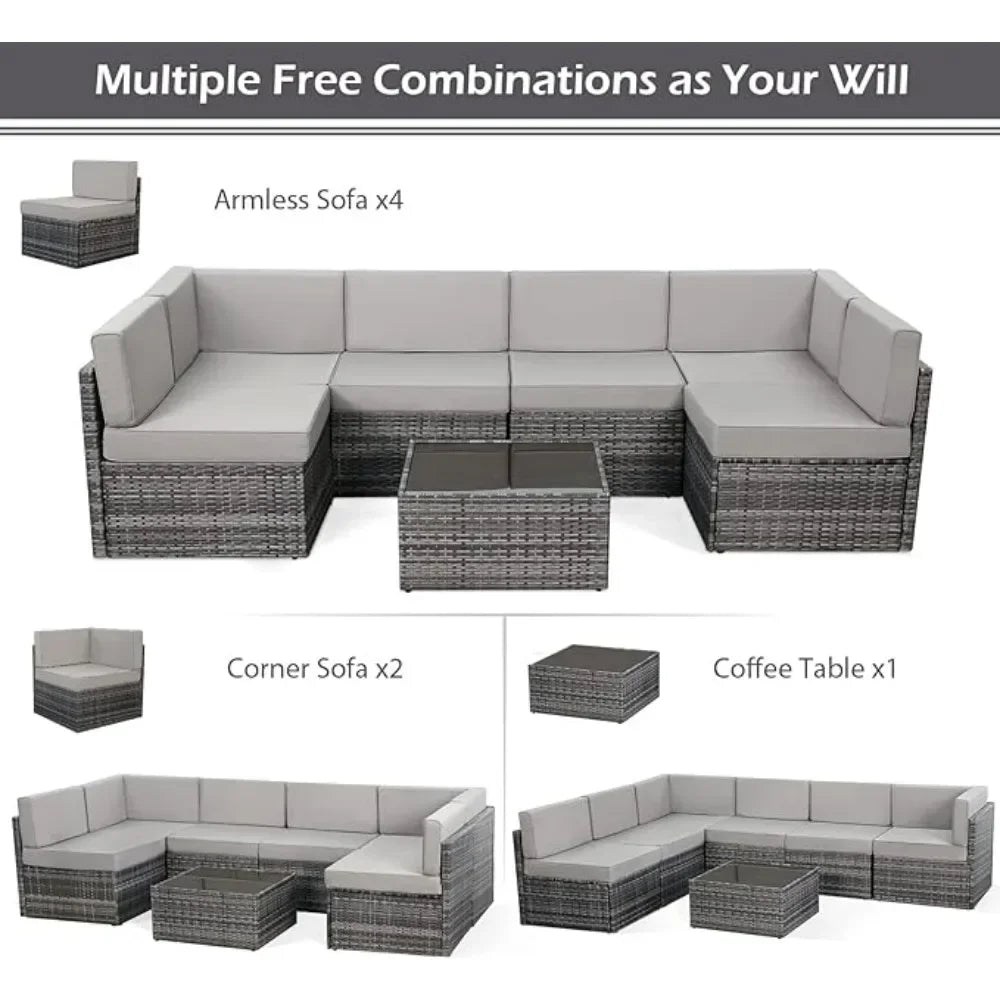 7-piece patio furniture set modular wicker outdoor sectional sofa PE rattan outdoor set with pillowtop cushions and coffee table