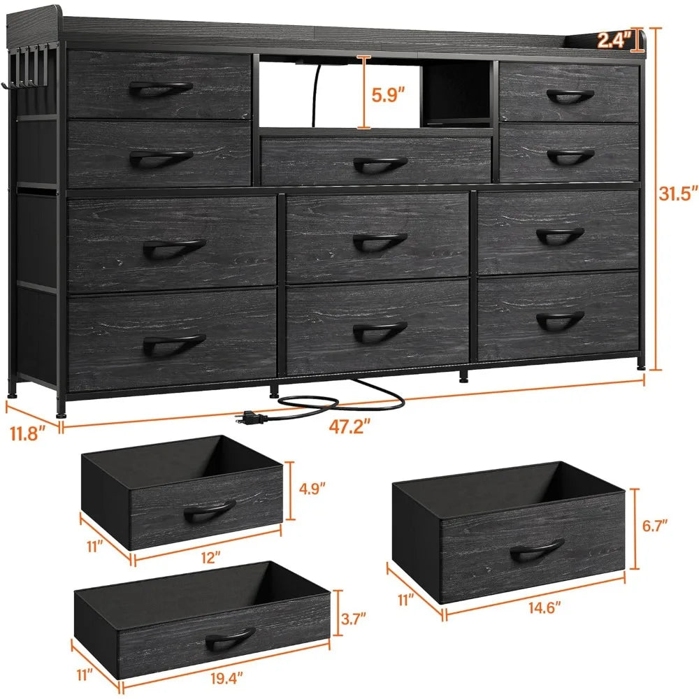 Commode TV EnHomee avec 11 tiroirs pour meuble TV 60" pour chambre à coucher avec lumières LED et prises de courant Commode longue pour chambre à coucher