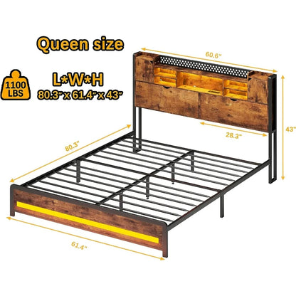 Cadre de lit Queen Size avec station de charge, lumières LED RVB, tête de lit à 3 niveaux avec espace de rangement caché