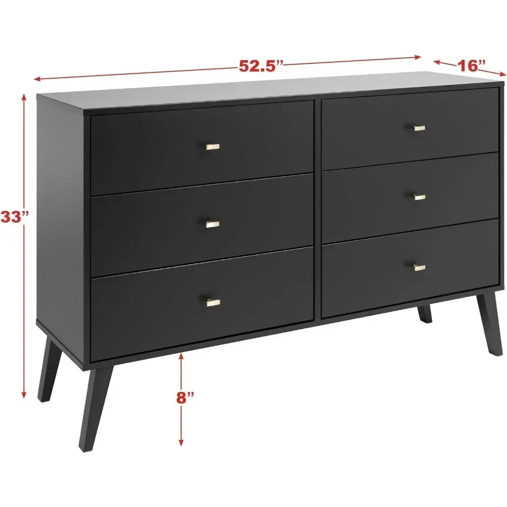 Bedroom Wooden Dresser with 6 Drawers, 16" D X 52.50" W X 33" H, Black