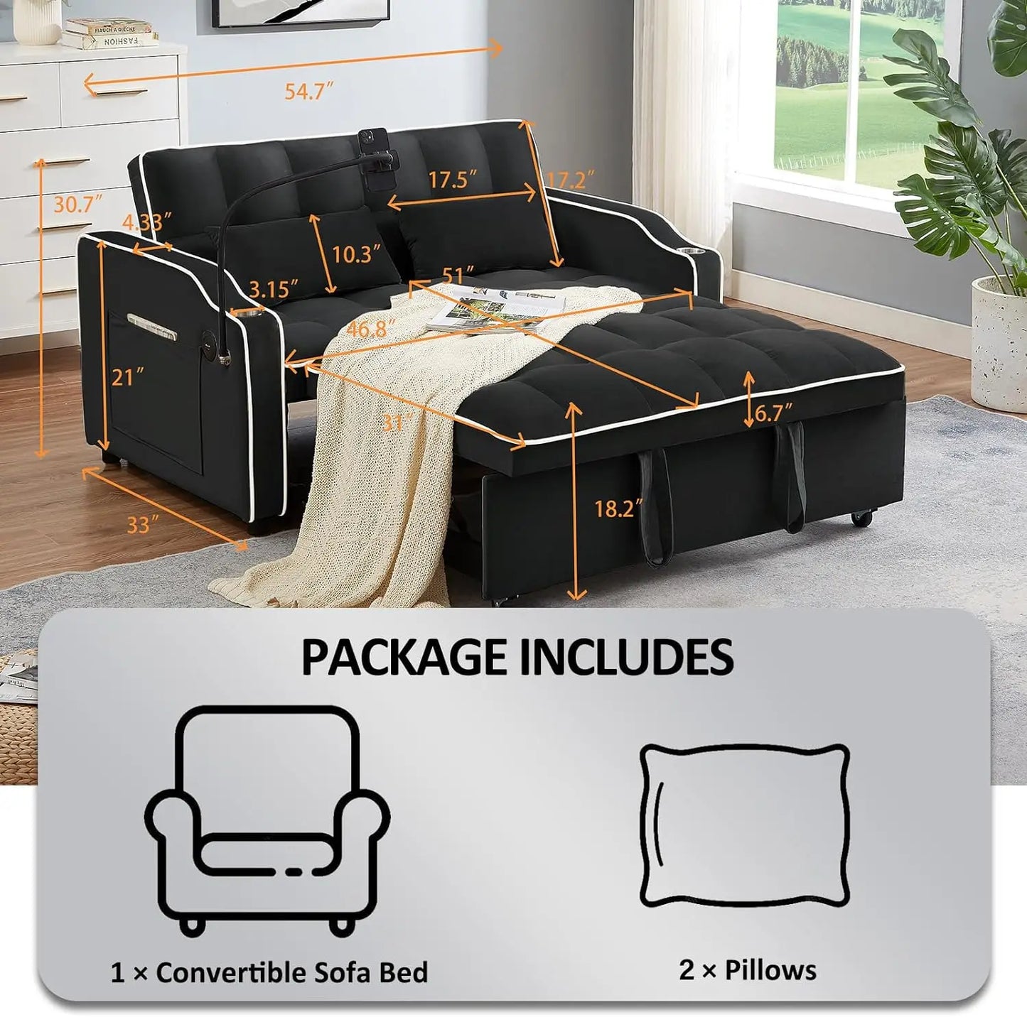 3 in 1 Sleeper Sofa Couch Bed,Velvet Convertible Loveseat Sleeper Sofa Bed,Pull Out Sofa Bed With USB Port & Ashtray