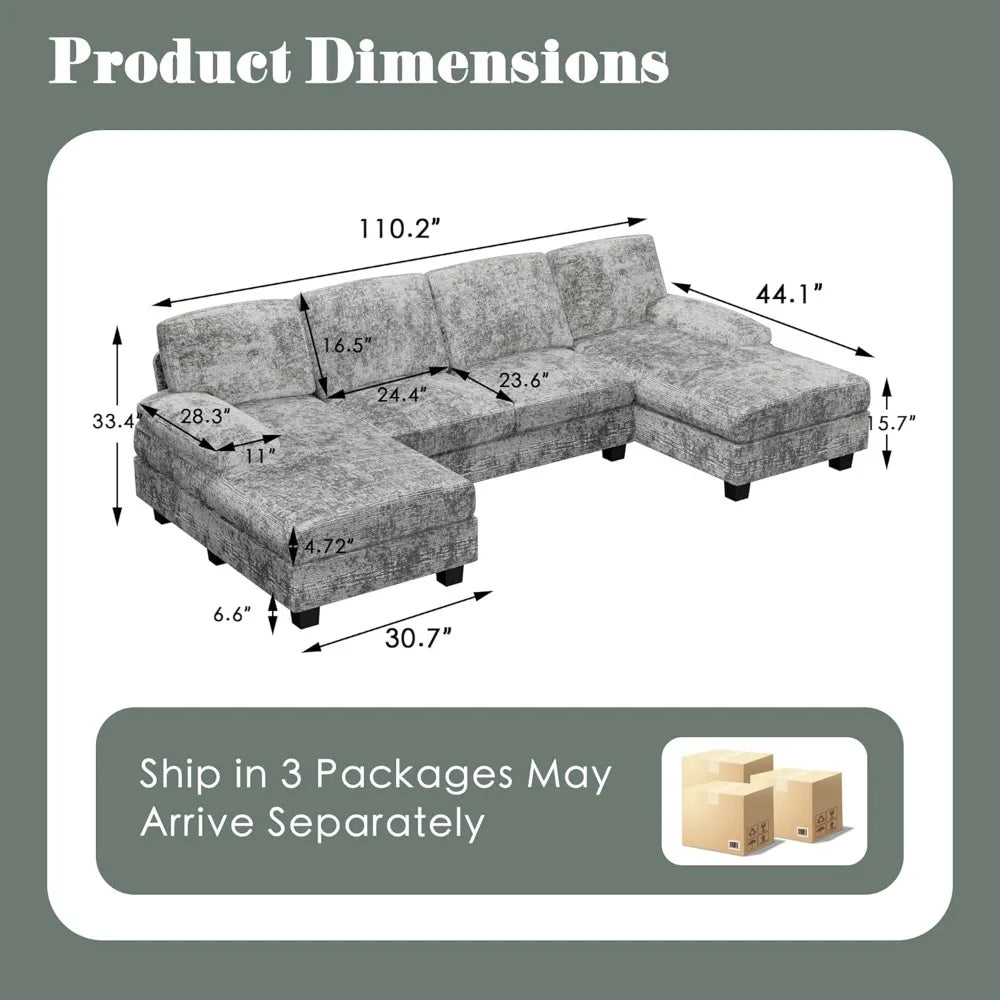 Convertible Sectional Sofa Couch, 4 Seat Sofa Set for Living Room U-Shaped Modern Fabric Modular Sofa Sleeper with Double Chaise