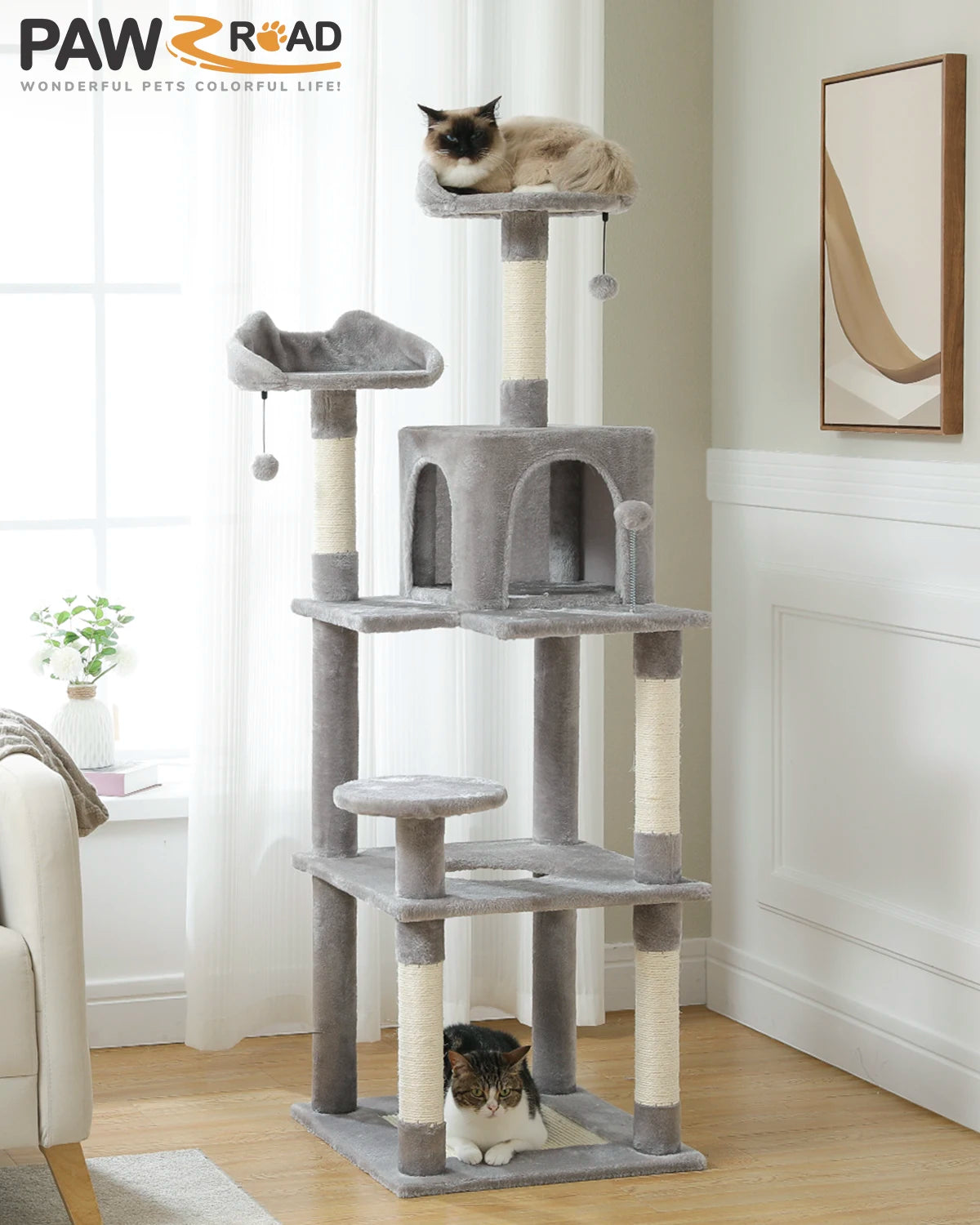 H160CM Multi-Level Cat Tree Tower Scratching Post for Indoor House Kitten Toy Cozy Condo Cat Hammock and Wide Top Perch 2 Colors