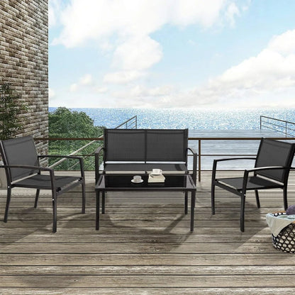 4 Pieces Outdoor Patio Furniture Conversation Glass Coffee Table Bistro Set with Loveseat Garden Yard Lawn and Balcony