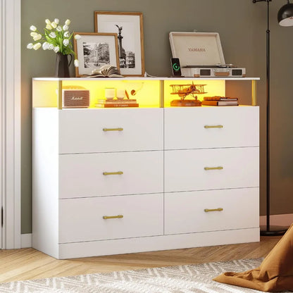 White Dresser for Bedroom with 6 Drawers, Dressers & Chests of Drawers with Column Design & Charging Station, Led Wide Dresser