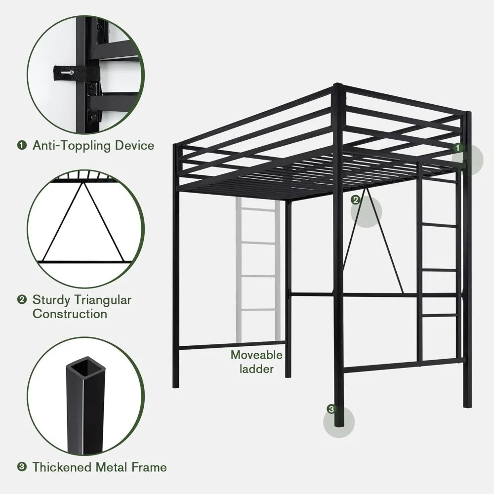 Cadre de lit mezzanine pour juniors et adultes, lit mezzanine en métal pour deux personnes avec barrière de sécurité et échelle amovible, peu encombrant, sans bruit