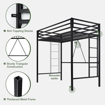 Estructura de cama alta para jóvenes y adultos, cama alta de metal de tamaño doble con barandilla de seguridad y escalera extraíble, ahorra espacio, sin ruido