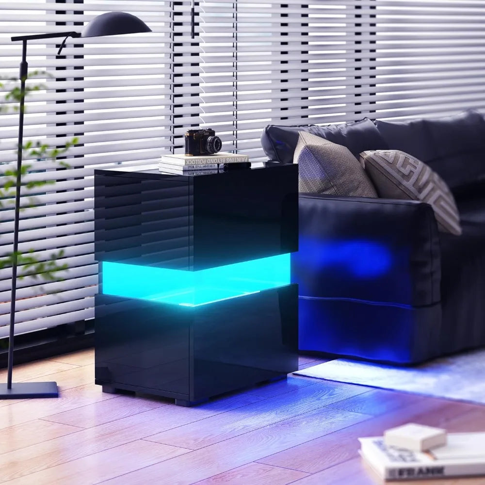 Juego de 2 mesitas de noche con luz LED, armario de almacenamiento, mesita de noche con cajón de alto brillo, muebles para uso en el dormitorio