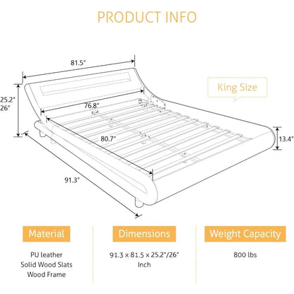 Bedroom bed LED extra large luxury padded bed frame with adjustable headboard - slim sled design, modern gray bedroom bed