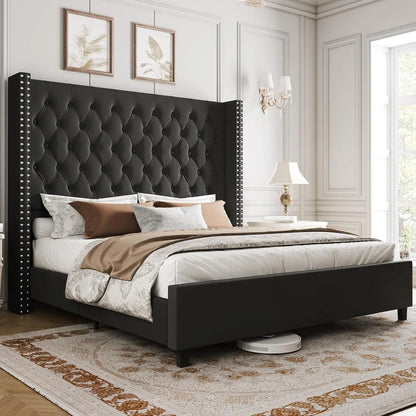 Queen Bed Frame 61.4" Tall Headboard Upholstered Velvet Platform Bed with Handmade Deep Button Tufted