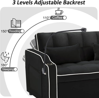 3 in 1 Sleeper Sofa Couch Bed,Velvet Convertible Loveseat Sleeper Sofa Bed,Pull Out Sofa Bed With USB Port & Ashtray