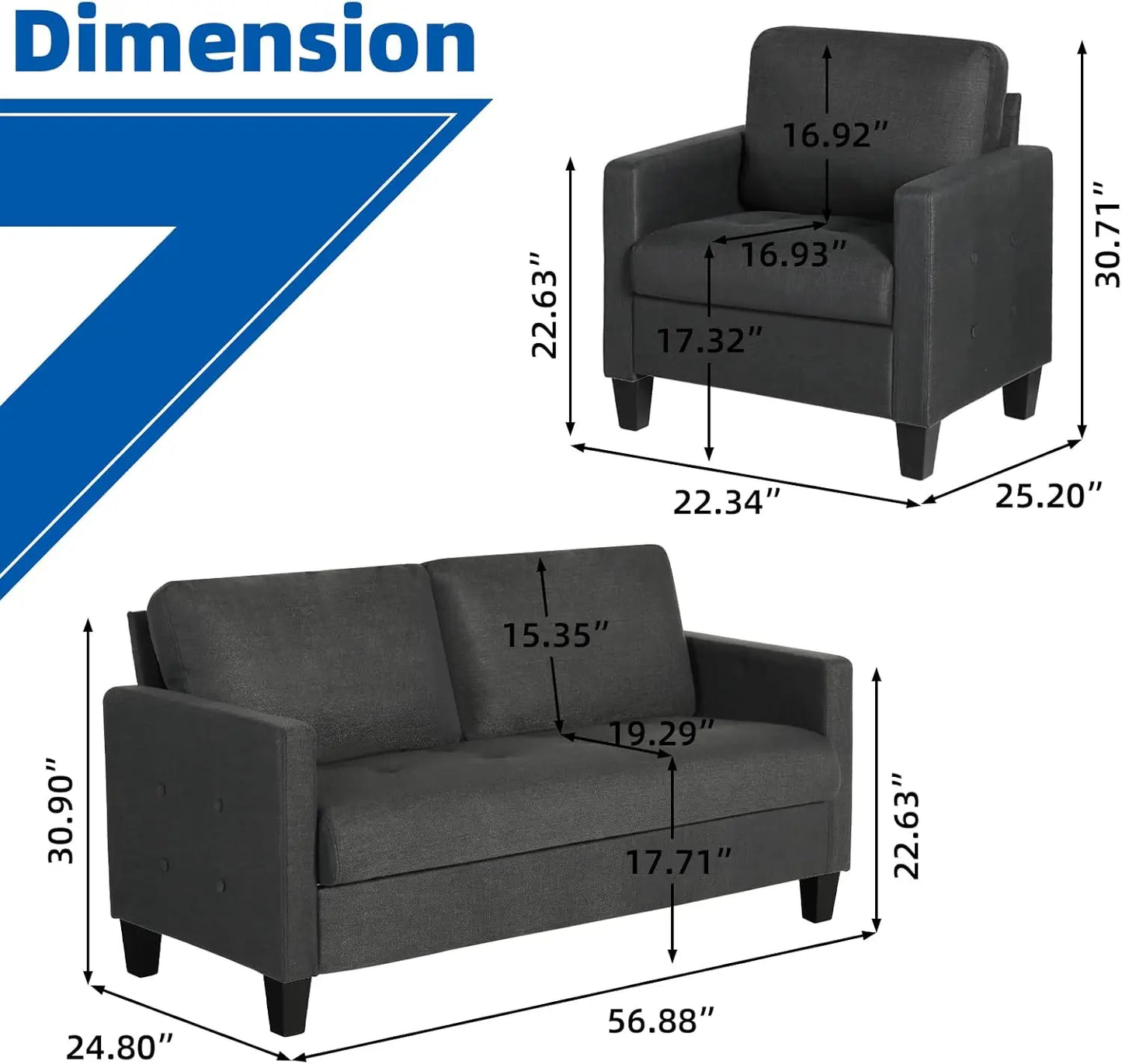 Fabric Loveseat and Chairs Set, Upholstered Sofa Couch with 2 USB Charging Ports, Sofa Sets Apartment 3 Piece