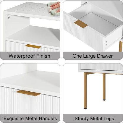 Table de chevet, petite table de chevet avec cadre doré, table de chevet blanche, meuble de chevet, table d'appoint avec tiroir et étagère pour chambre à coucher