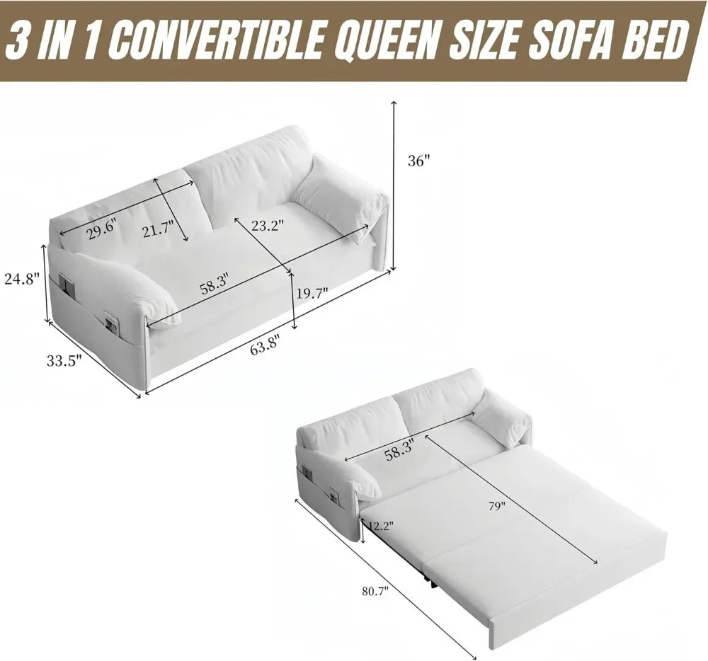 3 in 1 Convertible Queen Sleeper Sofa Bed Comfy Pull Out Futon Couch Bed Modern Loveseat Sofa Multi-Functional Cloud Couch