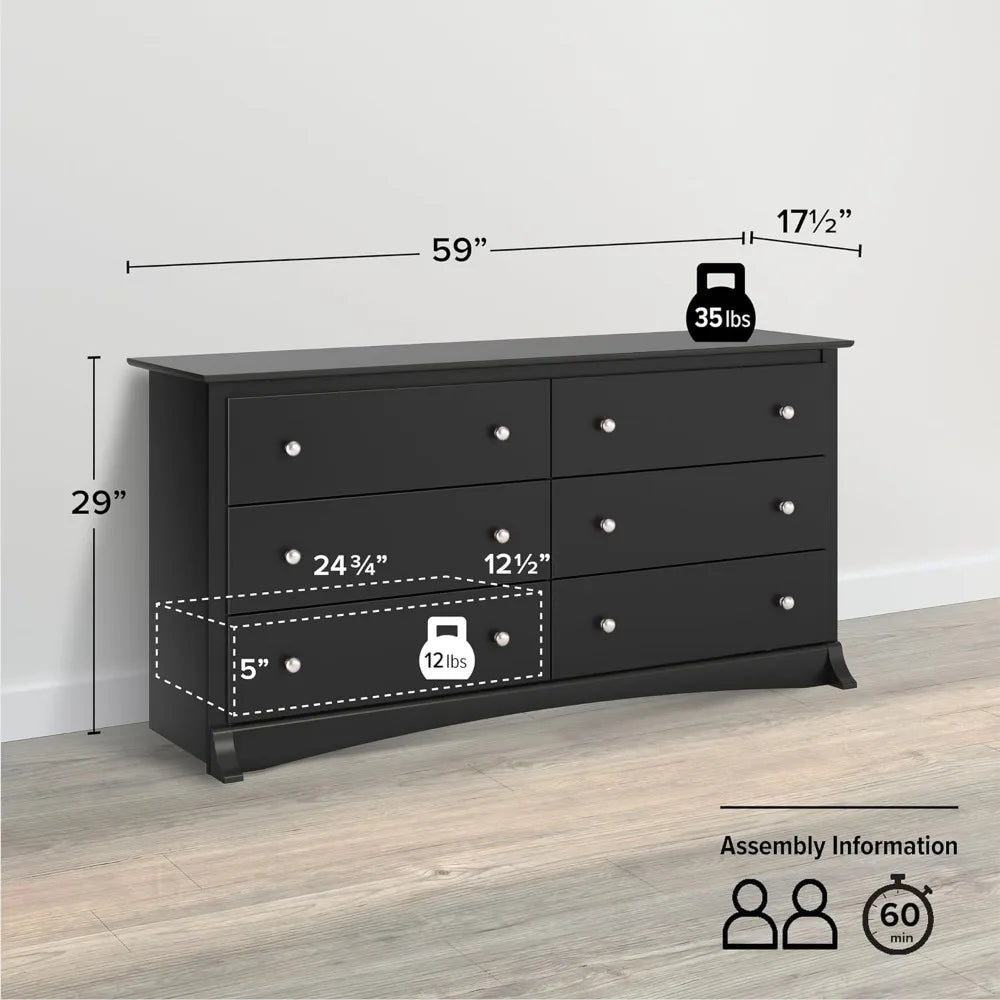 Bedroom Furniture: Black Double Dresser for Bedroom, 6-Drawer Wide Chest of Drawers, Traditional Bedroom Dresser