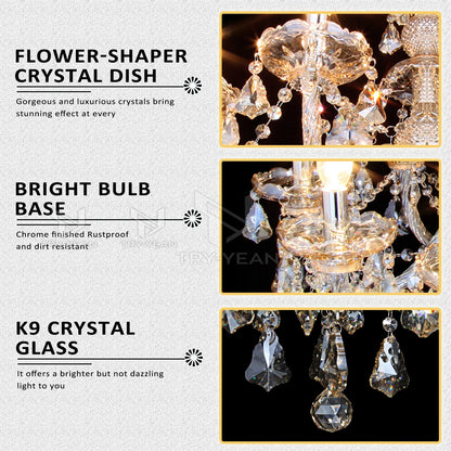 TRY-YEAN 10 Lights Crystal Glass Chandelier Transparent Cognac Color Glass Hanging Lamp For Living Room Bedroom Room Lobby Decro