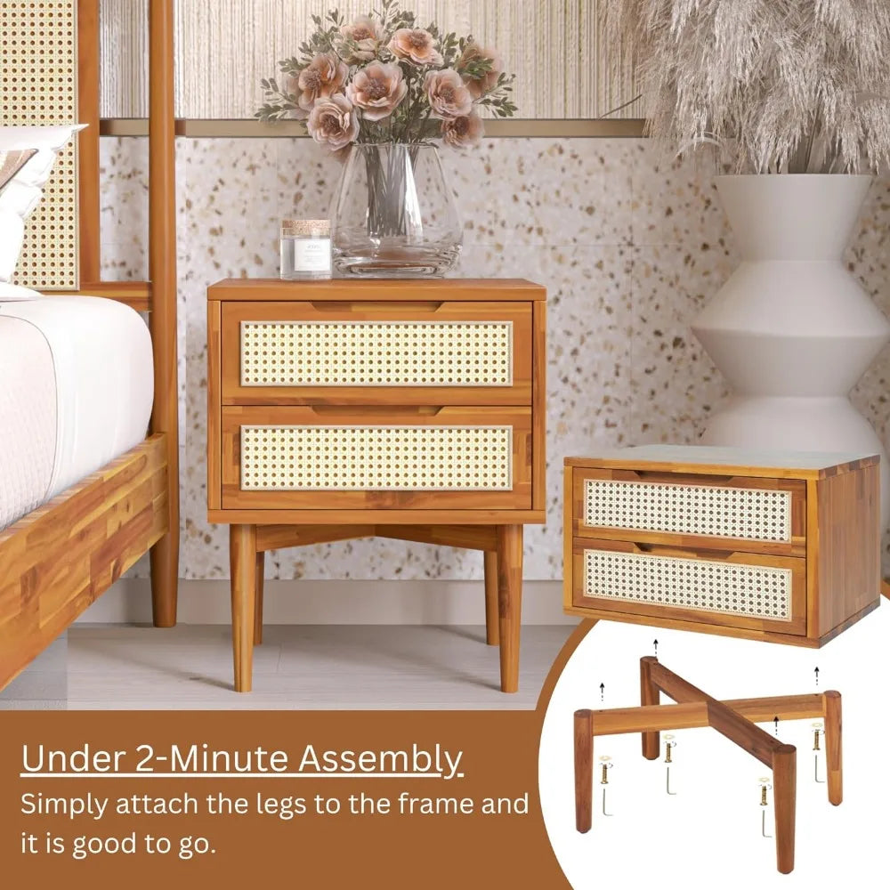 Bed Table 2-Drawer Bedside Tables Oliver Solid Wood Rattan Nightstand/Side End Table Fully Assembled Furniture Sofa Bedroom Home