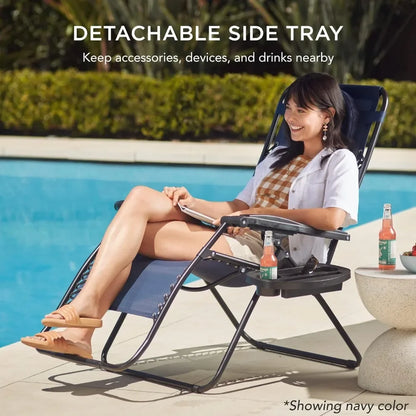 Oversized Zero Gravity Chair, Folding Outdoor Patio Lounge Recliner w/Cup Holder Accessory Tray and Removable Pillow