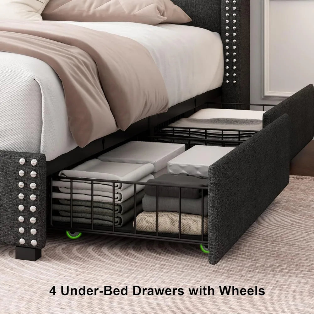 Queen Bed Frame with 4 Storage Drawers, Upholstered Platform Bed Frame with Charging Station & Wingback Shelf, Solid Wood Slats