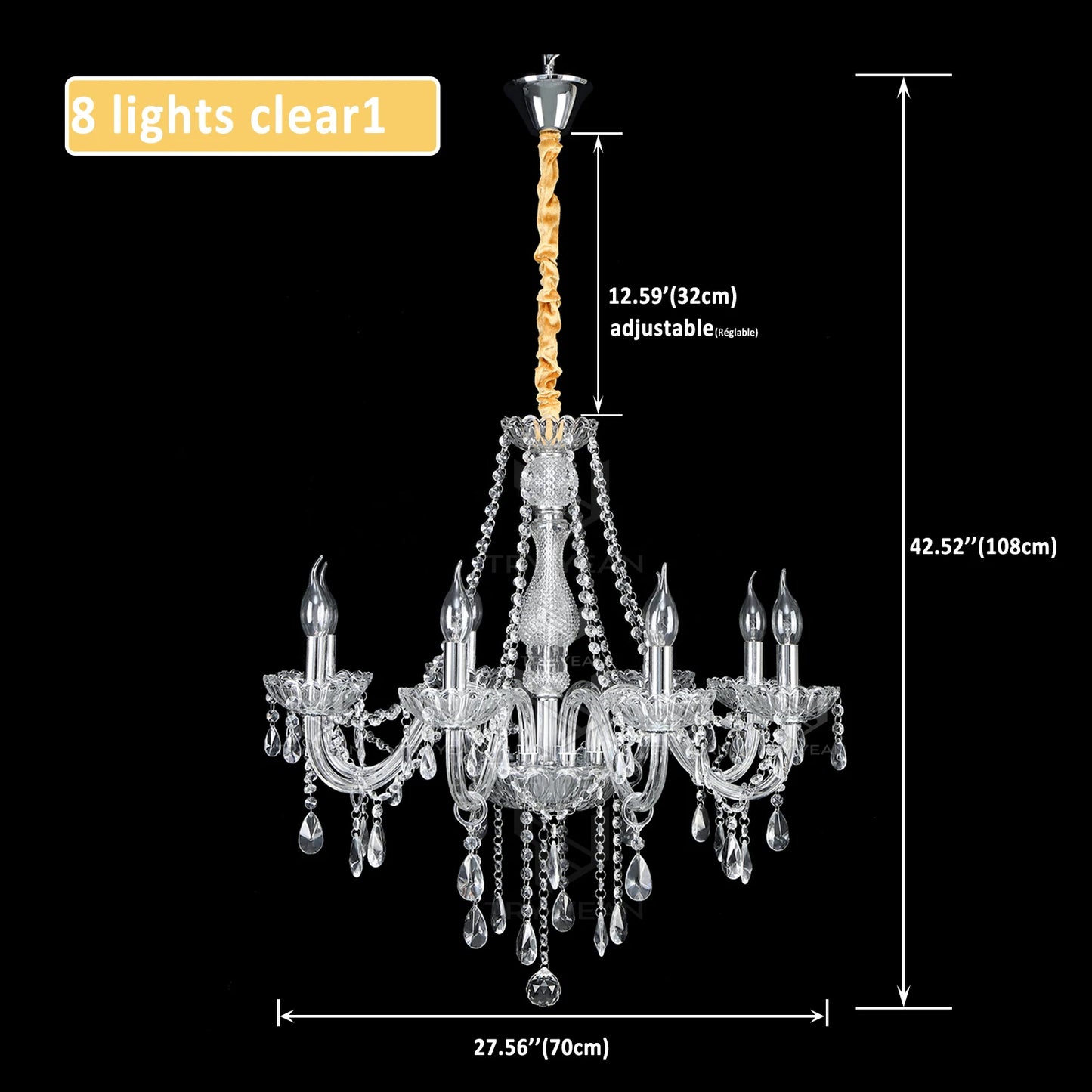 TRY-YEAN Lámpara de araña de cristal de color coñac de 8 brazos, lámpara colgante para sala de estar, dormitorio, decoración de bodas, lámpara colgante para vestíbulo