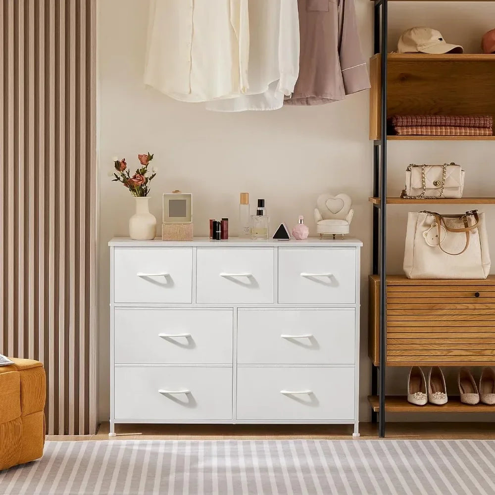 Commode à tiroirs avec bacs en tissu Table de maquillage Commode pour chambre à coucher Plateau en bois pour téléviseur jusqu'à 45 pouces Bureau de courtoisie Entrée Chambre d'enfant