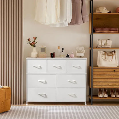 Commode à tiroirs avec bacs en tissu Table de maquillage Commode pour chambre à coucher Plateau en bois pour téléviseur jusqu'à 45 pouces Bureau de courtoisie Entrée Chambre d'enfant