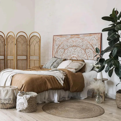 King Wood Headboard White Wash | Carved Full Headboard Only | Wooden Headboard Full Size Bed |