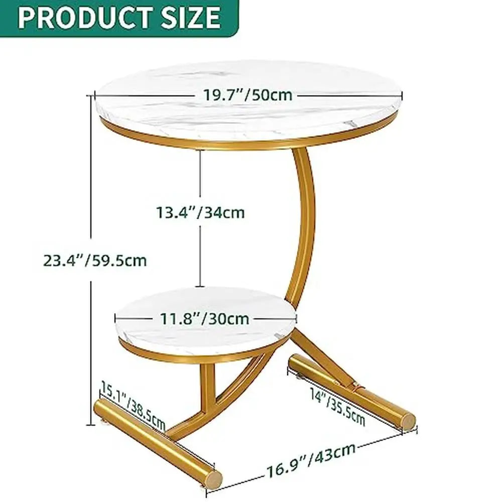 Table d'appoint ronde moderne à 2 niveaux avec étagère de rangement, plateau en faux marbre, pieds dorés en forme de C, table d'appoint pour canapé