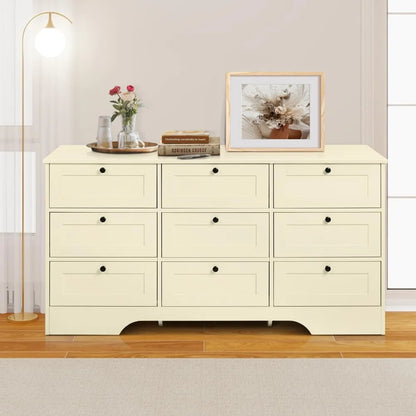 9 Drawer Dresser, White Long Dresser for Bedroom, Modern Wood Wide Dresser, Large Storage Chest of Drawers for Living Room