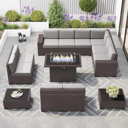 Juego de muebles de patio de 8 piezas con mesa para fogata a gas propano de 44", juego de sofá de mimbre y ratán y mesa de centro Rattan Möbel