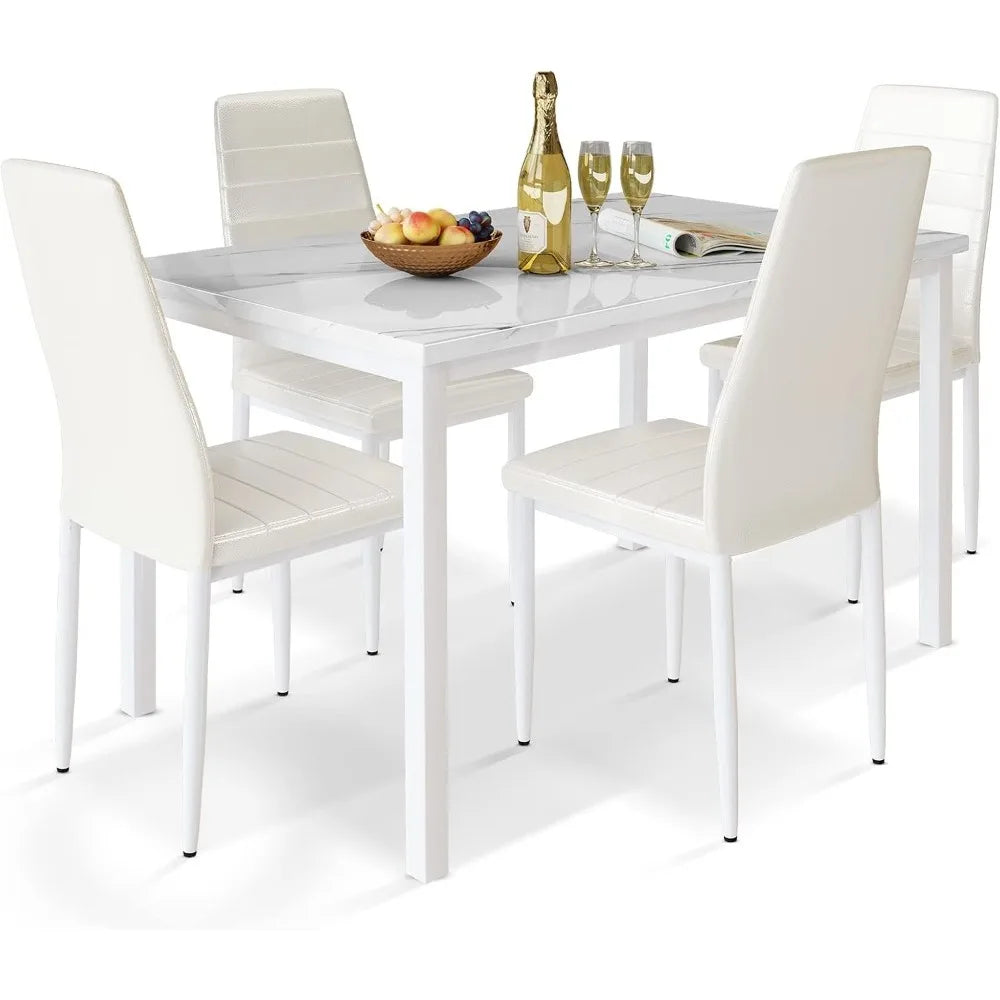 Ensemble de table à manger 5 pièces pour 4 personnes, ensemble de table et chaises de cuisine en faux marbre avec chaises en cuir rembourrées