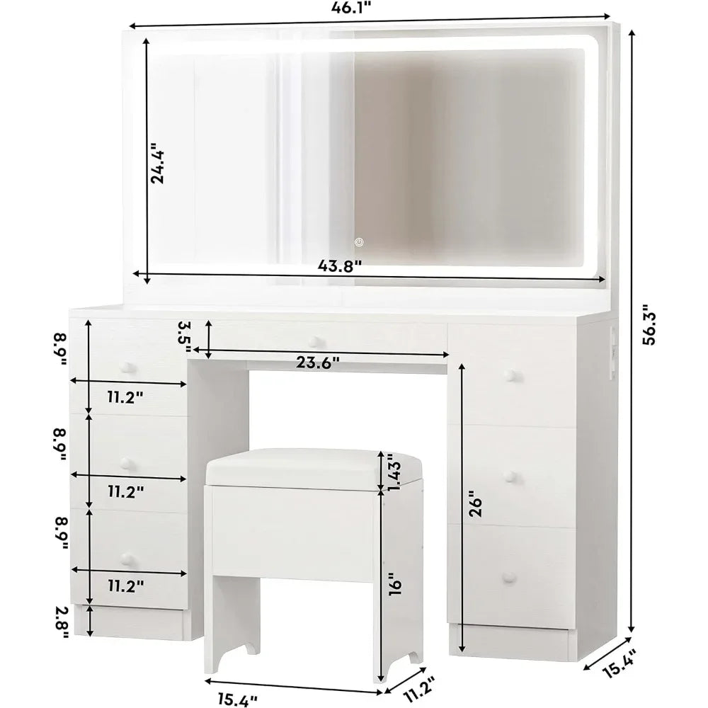 Vanity Dressers Desk Set with LED Lighted Mirror & Power Outlet, 7 Drawers Makeup Vanities Dressing Table with Stool for Bedroom