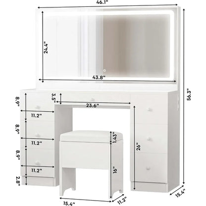 Ensemble de coiffeuse avec miroir éclairé à LED et prise de courant, 7 tiroirs, coiffeuse avec tabouret pour chambre à coucher