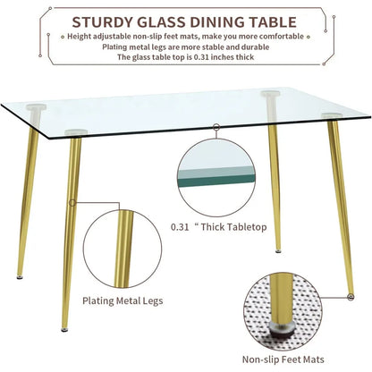 Dining Table and Chairs, 51 Inch, Gold Plated Legs, Tempered Glass Table Top and Dining Chairs, Glass Dinings Tables Set