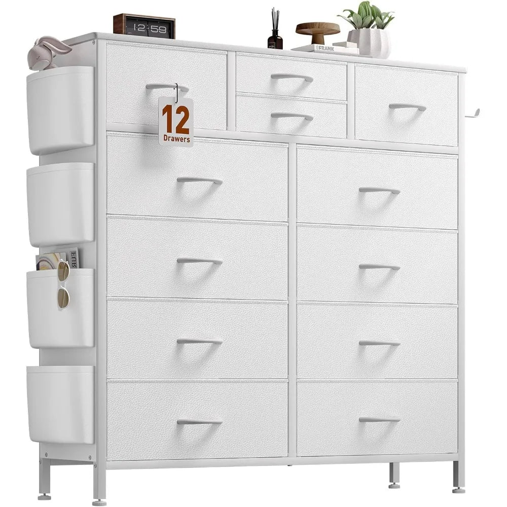 Dresser for Bedroom with 12 Drawers Chest of Drawers with Side Pockets and Hooks PU Fabric Dresser Drawers for Hallway, Entryway