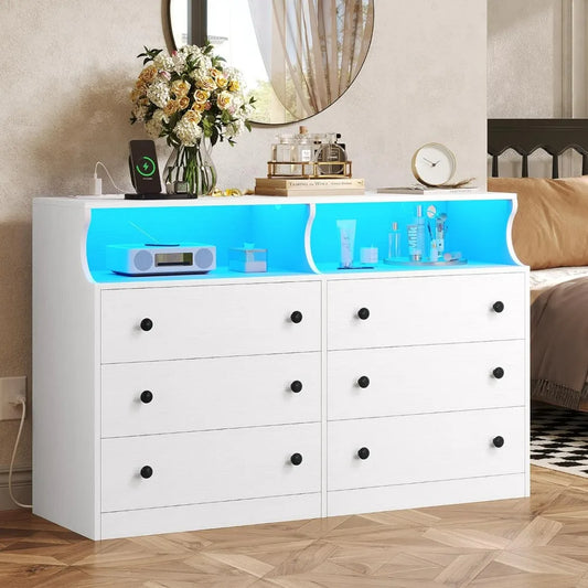 Commode à 6 tiroirs avec lumières LED et station de charge, commode large avec espace ouvert, armoire de rangement moderne de grande capacité, blanc