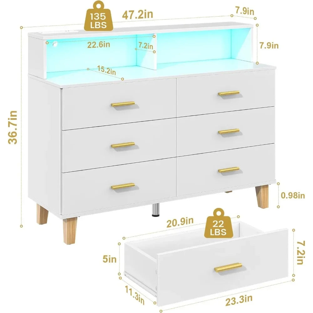 6 Drawer Dresser for Bedroom, Chest of Drawers with LED Light and Power Outlet, Tall Wide Dresser for Organizer Cabinet Bedroom