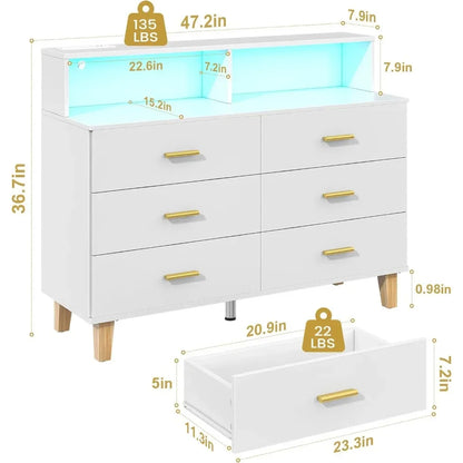 6 Drawer Dresser for Bedroom, Chest of Drawers with LED Light and Power Outlet, Tall Wide Dresser for Organizer Cabinet Bedroom