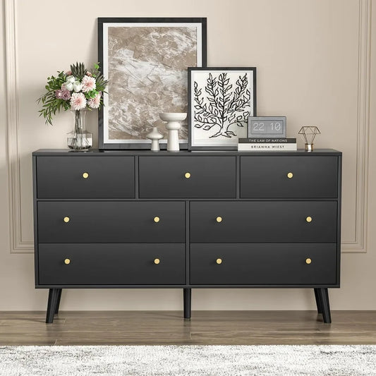 55” Black Dresser, 7 Drawer Dresser for Bedroom with Wide Drawers and Gold Knobs, Wood Dressers & Chests of Drawers Dressers