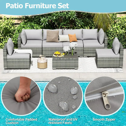 7/8/15pc High Back Outdoor Furniture Set,PE Rattan Sectional Sofa,Wicker Patio Conversation Set w/Cushion & Glass/Fire Pit Table