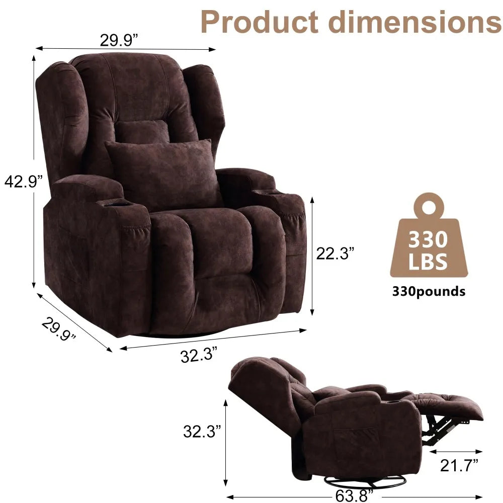 Swivel Rocker Recliner Chair, Wingback Design Manual Glider Rocking Chair Swivel Lounge Chair with Lumbar Pillow, Cup Holders