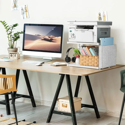 Printer Stand Under Desk Printer Table with Wheels 2 Tier Small Printer Cart with Storage Bag Desktop White Printer Stands