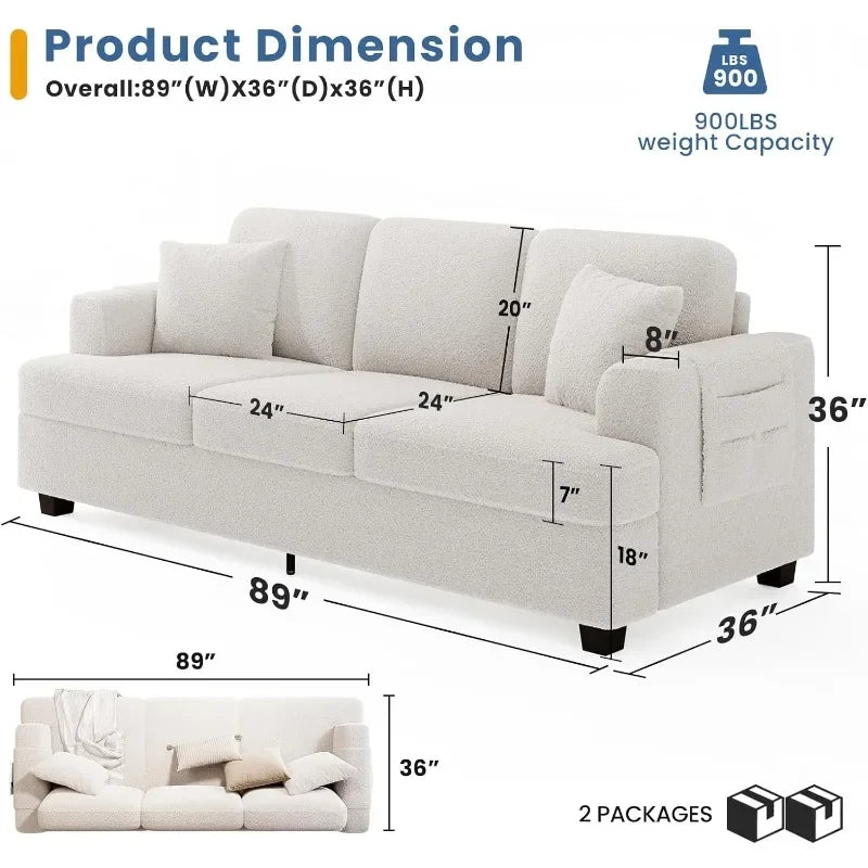 Deep Seat Sofa 89" with Throw Pillow, Modern Sofa, Couches for Living Room, Comfy Sofa, Sleeper Couch, Bouclé, Offwhite/Brown