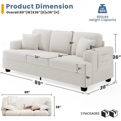 Deep Seat Sofa 89" with Throw Pillow, Modern Sofa, Couches for Living Room, Comfy Sofa, Sleeper Couch, Bouclé, Offwhite/Brown