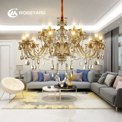 Elegant Glass Crystal Chandelier Ceiling Pendant Lighting Decor 10-Light Golden Hanging Lamp For Living Room Bedroom Room Lobby