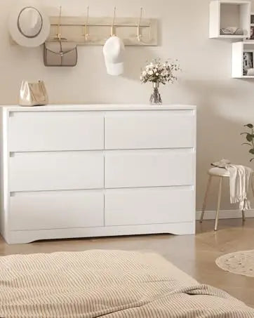 Cómoda blanca con cajones profundos, cómoda moderna de 6 cajones para dormitorio, cómoda grande de madera para dormitorio, cómoda de madera blanca