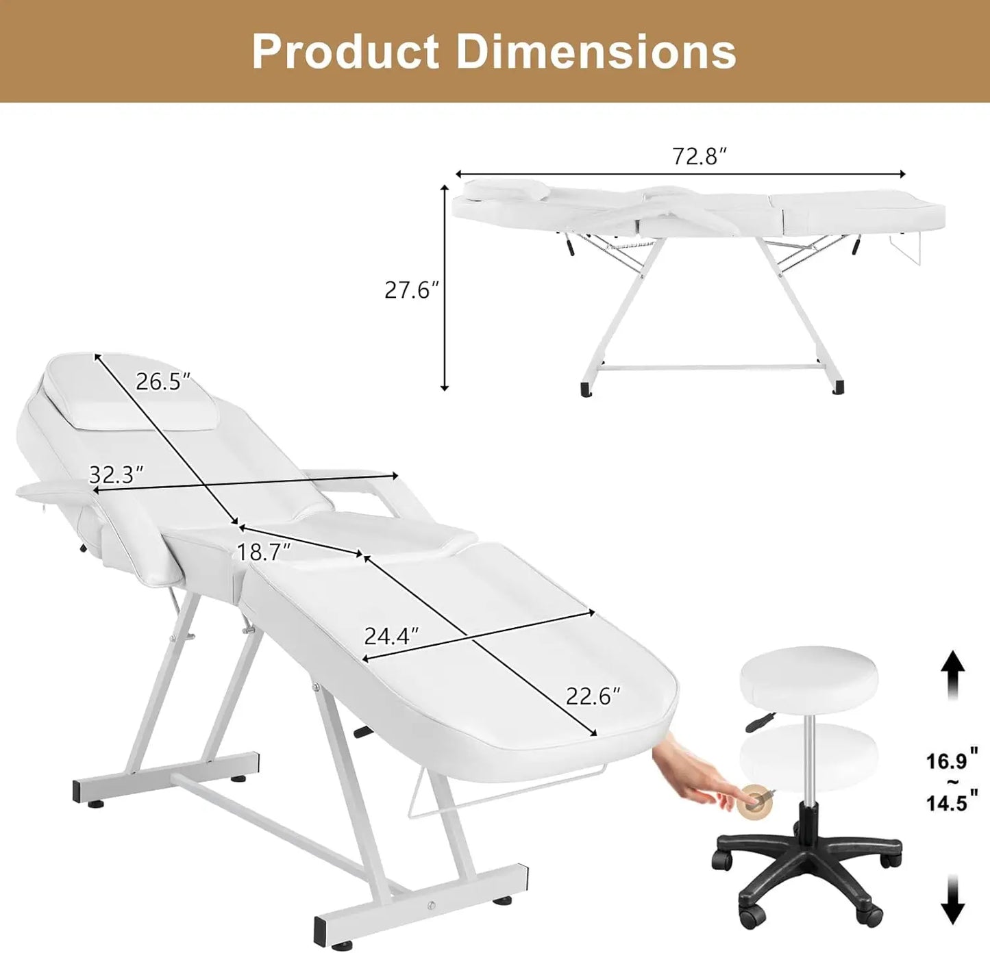 OmySalon Massage Salon Tattoo Chair Esthetician Bed with Hydraulic Stool,Multi-Purpose 3-Section Facial Bed Table, Adjustable Be